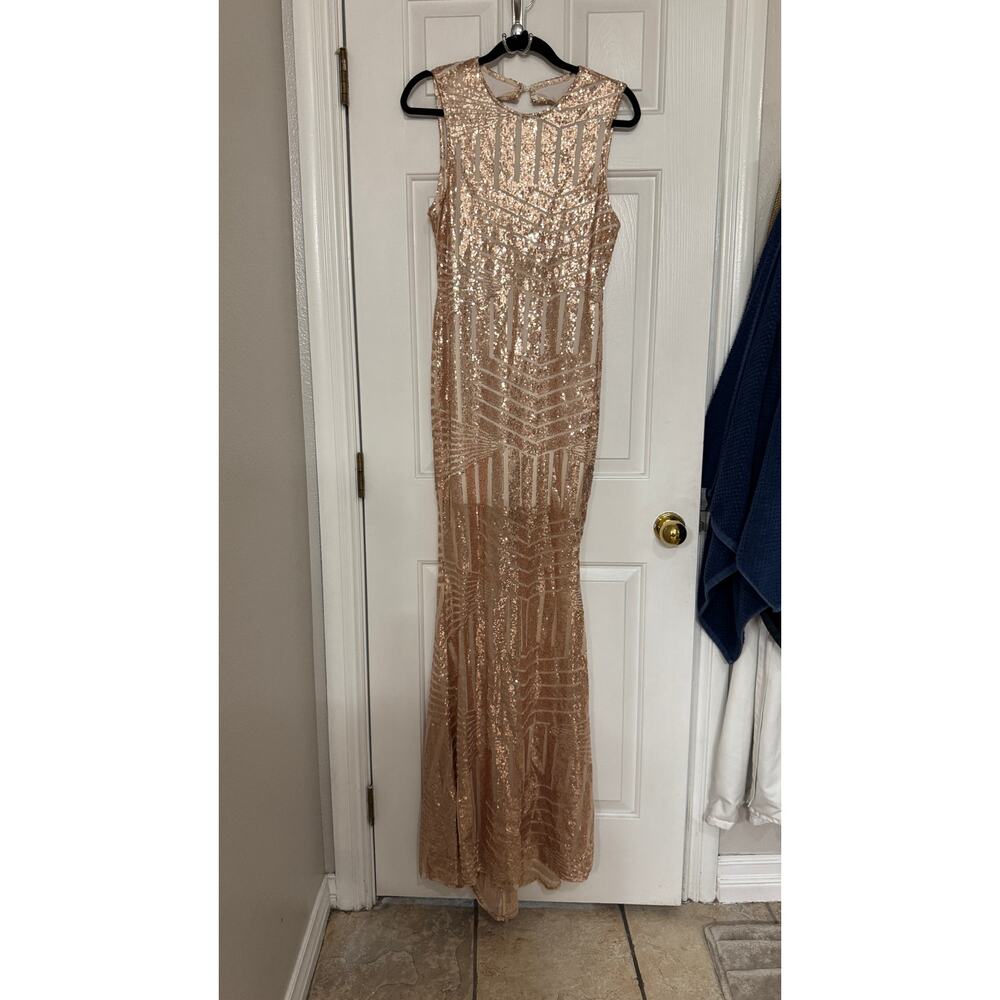 Gold Sequin long Fishtail Dress Size L NWOT